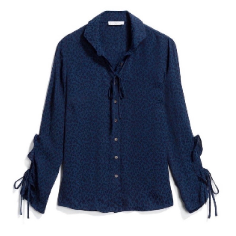Current Air Button Down Blouse with tie sleeves and tie detail on back collar